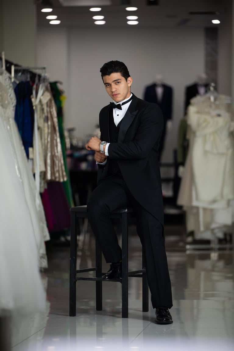 Man in black tuxedo with bow tie sitting on stool in modern clothing boutique with garments on display
