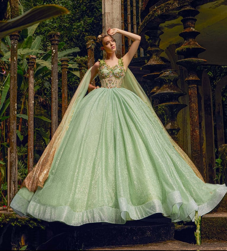 Quinceañera con vestido verde pálido ball gown con cuerpo con beads en jardín ornamentado