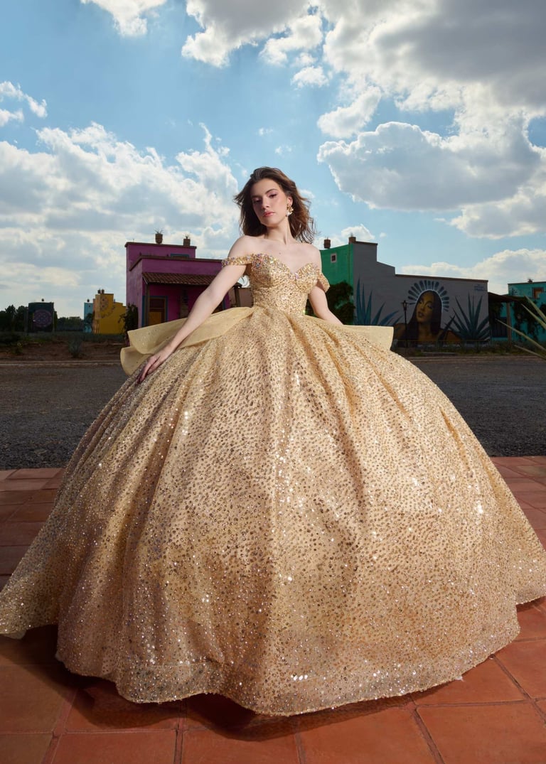 Quinceañera con vestido champagne sparkly ball gown al aire libre con edificios coloridos
