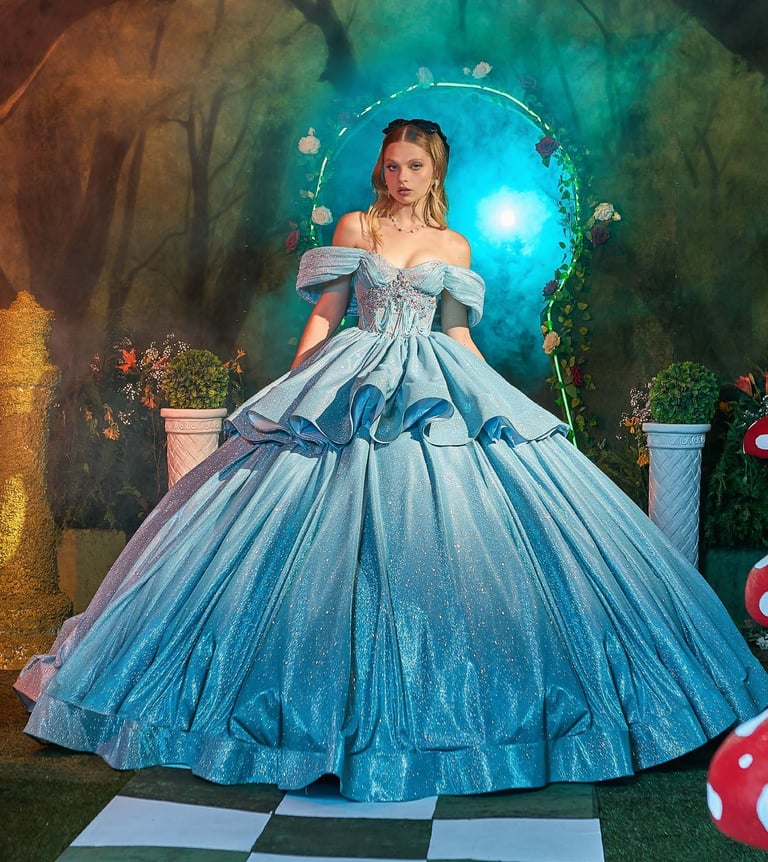 Quinceañera con vestido azul ball gown con mangas off-shoulder bajo arco iluminado